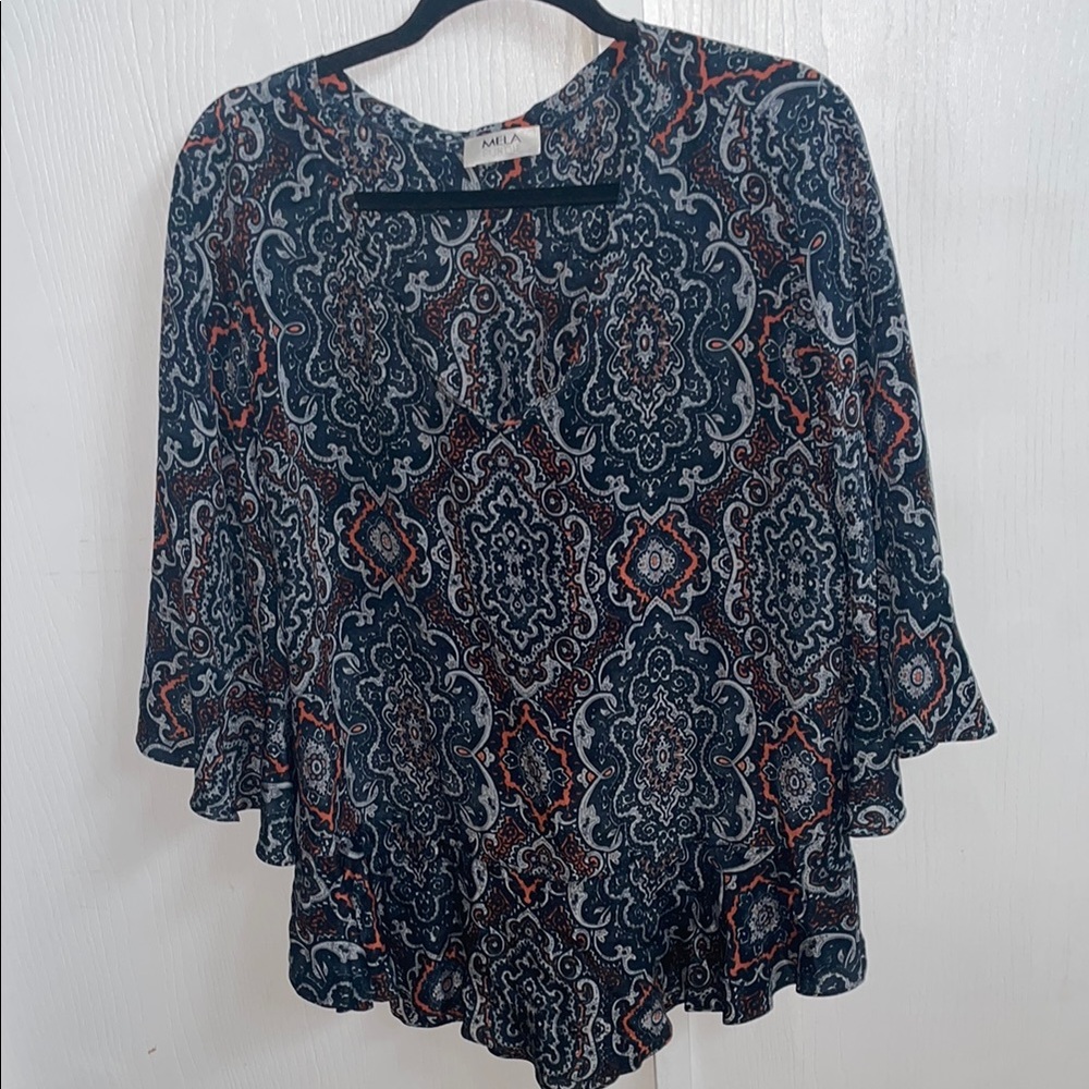 Mela Purdie Frill  Bell 100% Silk Women's  Paisley Top Size 1x